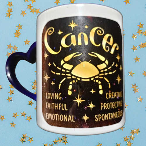 Cana Zodia Rac, model dublu, ceramica, maner inima albastra, cadou pentru cei dragi, 350 ml