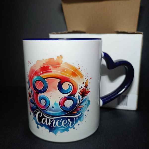 Cana Zodia Rac, model dublu, ceramica, maner inima albastra, cadou pentru cei dragi, 350 ml