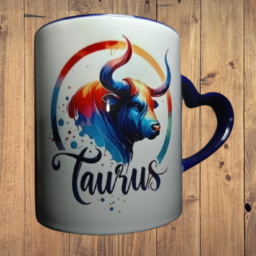 Cana Zodia Taur, model dublu, ceramica, maner inima albastra, cadou pentru cei dragi, 350 ml
