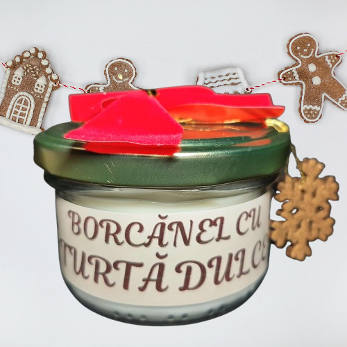 Lum&acirc;nare parfumată BORCĂNEL CU TURTĂ DULCE &ndash; Ghimbir, Scorțișoară, Cuișoare, Vanilie, 80g