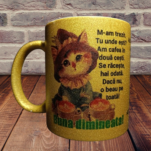 Cana cu sclipici Cafeaua de Dimineata, model triplu amuzant, ceramica, aurie, cadou pentru cei dragi, 350 ml