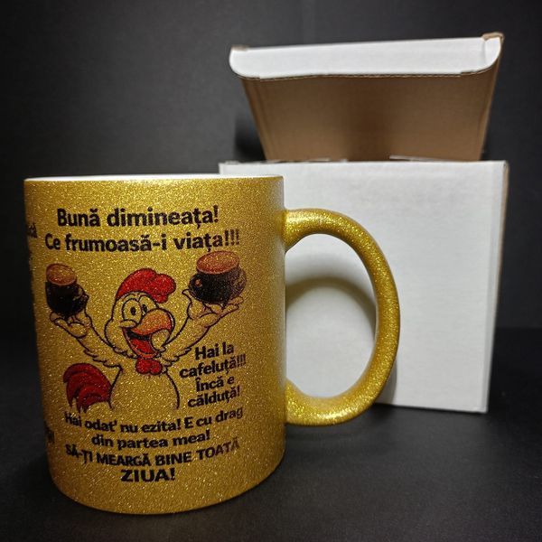Cana cu sclipici Cafeaua de Dimineata, model triplu amuzant, ceramica, aurie, cadou pentru cei dragi, 350 ml