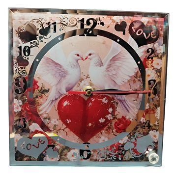 Ceas decorativ cu suport, model Love Birds, handmade, sticla, baterie AA inclusa, 20cm