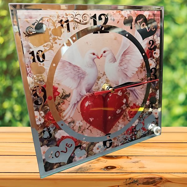 Ceas decorativ cu suport, model Love Birds, handmade, sticla, baterie AA inclusa, 20cm