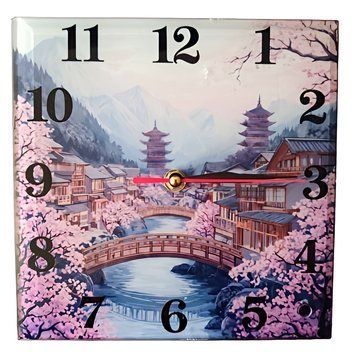 Ceas decorativ cu suport, model Japan View, handmade, sticla, baterie AA inclusa, 20cm