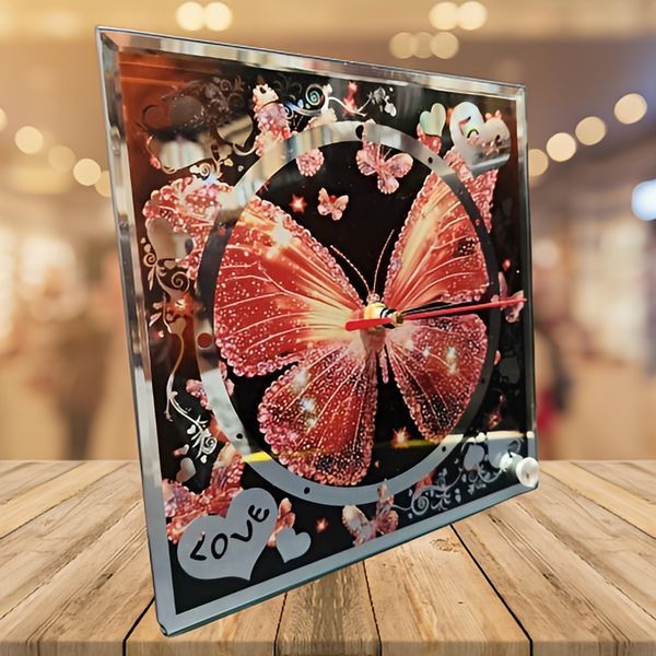Ceas decorativ cu suport, model Love Butterflies, handmade, sticla, baterie AA inclusa, 20cm
