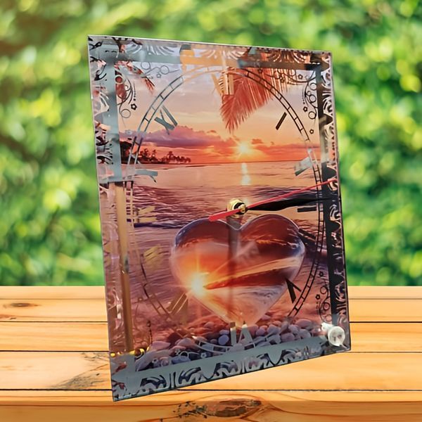 Ceas decorativ cu suport, model Love Sunset Beach, handmade, sticla, baterie AA inclusa, 23x18cm