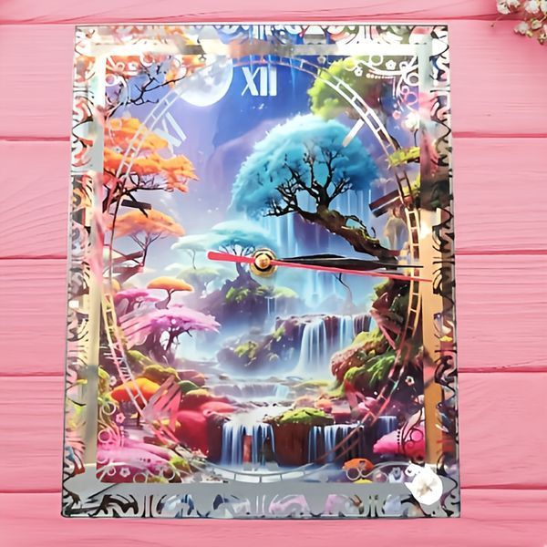 Ceas decorativ cu suport, model Fantasy Forest, handmade, sticla, baterie AA inclusa, 23x18cm