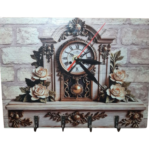 Decoratiune ceas cu suport chei, model sublimat Vintage Rose, handmade, cadou pentru cei dragi, 27x20cm