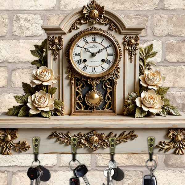 Decoratiune ceas cu suport chei, model sublimat Vintage Rose, handmade, cadou pentru cei dragi, 27x20cm