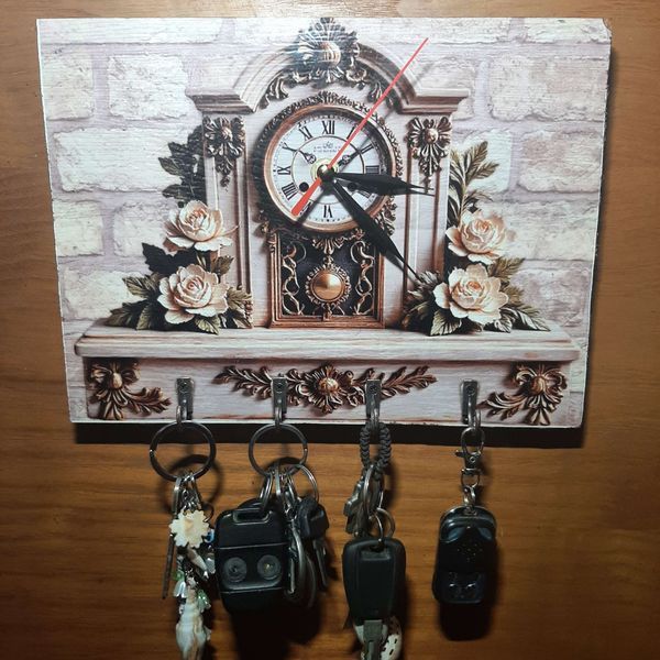 Decoratiune ceas cu suport chei, model sublimat Vintage Rose, handmade, cadou pentru cei dragi, 27x20cm
