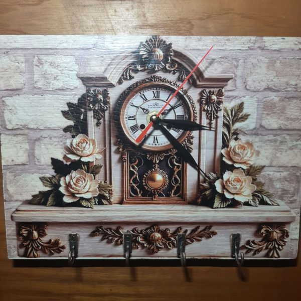 Decoratiune ceas cu suport chei, model sublimat Vintage Rose, handmade, cadou pentru cei dragi, 27x20cm